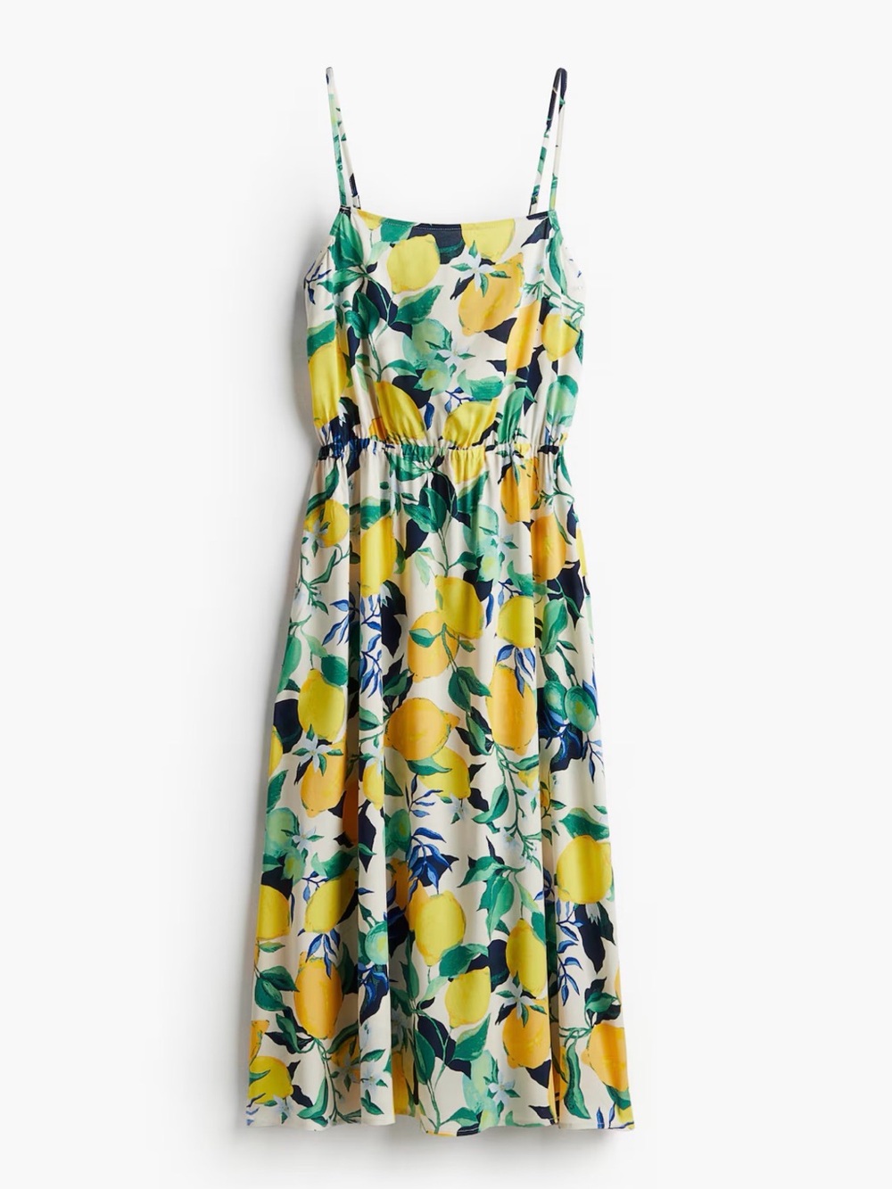 H&M Yellow Lemon-Print Spaghetti-Strap Midi Dress
